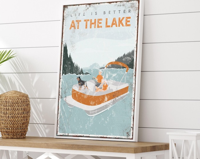 personalized pontoon boat sign, 'life is better at the lake' poster, couple with dog, rottweiler, orange lake house decor gift {vpl}