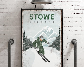 Custom STOWE poster • Vintage Vermont ski mountain wall art • Forest green travel art canvas • Ski gift for Dad • Ski lodge decor {vpw}