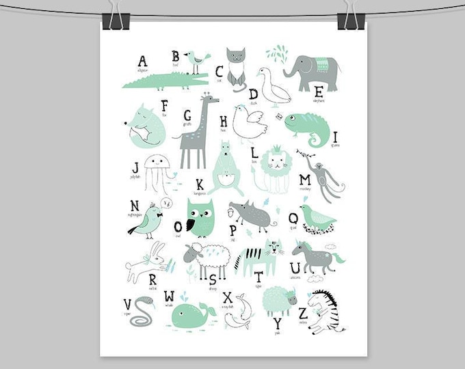 Mint Animal Alphabet Print - Modern Kids Room Wall Art