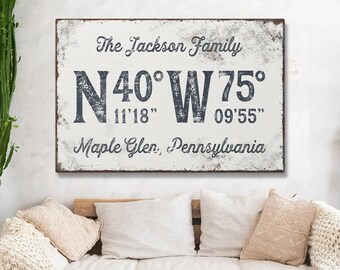 hale navy COORDINATES canvas sign > personalized longitude latitude poster, distressed family name wall art for modern farmhouse decor {gpw}