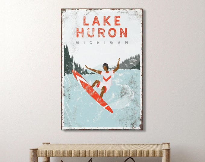 vintage LAKE HURON sign > personalized surfing wall art for nautical lake house decor, distressed surf board poster print {VPLSMDDR}