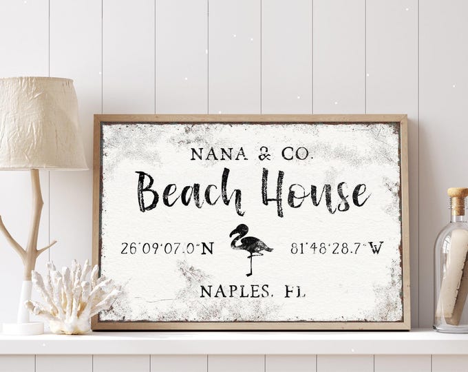 Beach House Canvas Sign, Flamingo Art, GPS Coordinates (Custom Sizes)