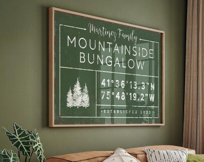 Custom Mountain Lodge Sign: Family Name & GPS Coordinates