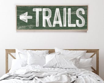 Vintage hiking sign > green TRAILS cross country skiing art, faux weathered wood canvas for mountain lodge decor, ski house wall art {pwo}