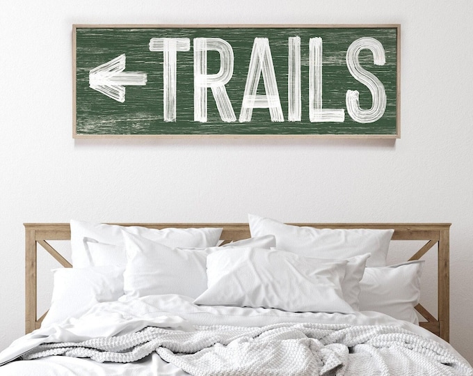 Vintage hiking sign > green TRAILS cross country skiing art, faux weathered wood canvas for mountain lodge decor, ski house wall art {pwo}