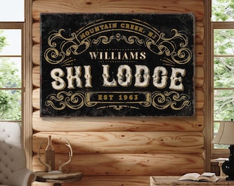 Ski Lodge Family Name Sign, Rustic Wood Frame (Multiple Sizes)