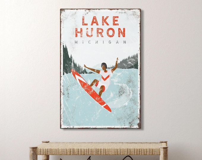 Surfboard Art Lake Huron Michigan Wall Decor, Coral Lake Surfing Sign, Lake House