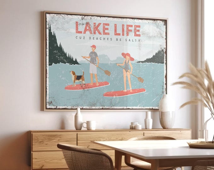 Lake House Sign, Vintage Paddleboard, Beagle Dog, Personalized Couple Paddleboarding Decor, Coral Wall Art Gift for Her {vpl}