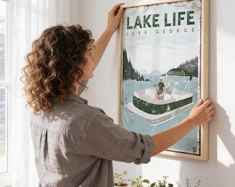 Pontoon Boat Decor In Green, Vintage Lake Life Sign For Lake George, Lake House Gift