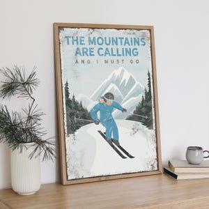 Vintage Ski Poster, Ski Wall Poster, Custom Skiing Gift, Vertical Mountains Print in Cerulean, Woman Skiing Sign, Winter Cabin Decor {vpw}