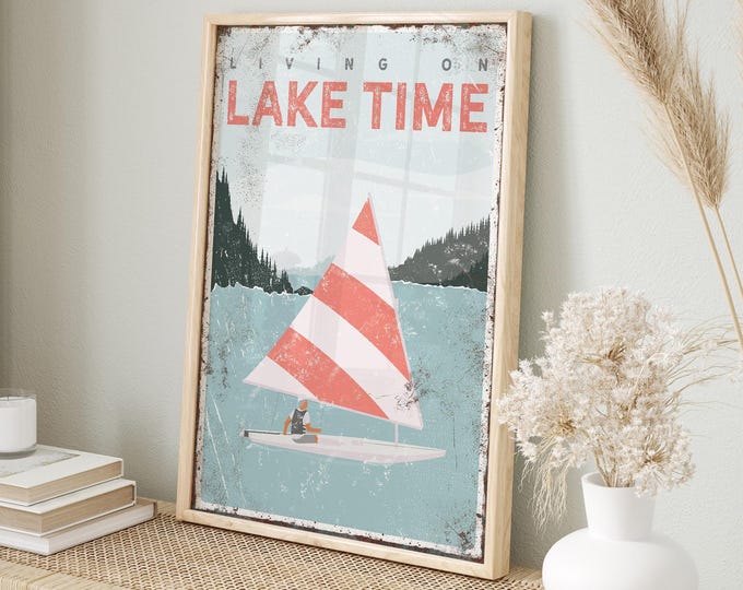 Red Lake Art, White Sail Boat Scene, Personalized Lake Name Wall Decor
