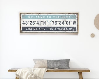 Welcome Sign Lake, Custom Gps Coordinates Sign, Slate Blue And Navy Decor For Your Lake