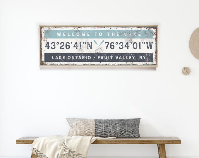 Welcome Sign Lake, Custom Gps Coordinates Sign, Slate Blue And Navy Decor For Your Lake