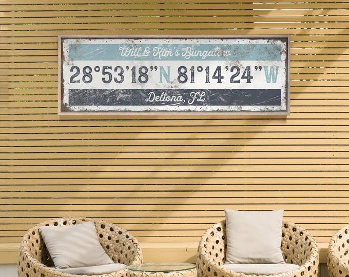 Nautical Coordinates, Vintage Wall Decor, Lake House Gift, Personalized GPS Art Print, Blue Gray Canvas, Longitude Latitude Sign