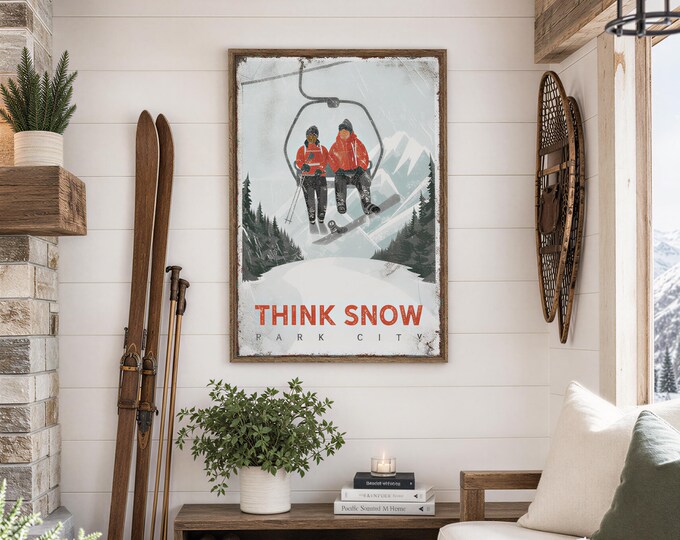 Think Snow Ski Lodge Sign Personalized With Your Resort Name, Red Chairlift Art