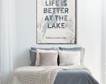 Custom Lake Map Sign, Grey and Rust Tones, Personalized with Your Lake Name