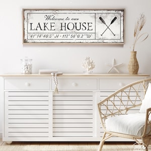 Lake House Coordinates Sign: Vintage Style Wall Art (Custom Text & Location)