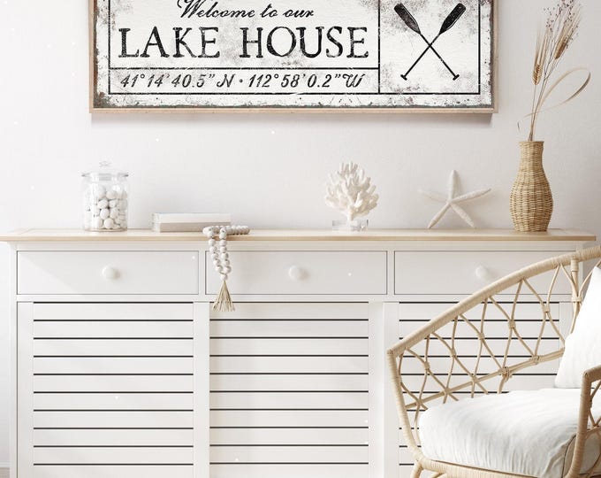 Lake House Coordinates Sign: Vintage Style Wall Art (Custom Text & Location)