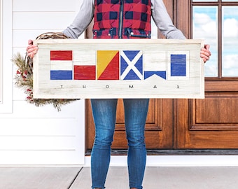 Custom Family Name Sign with Nautical Flags Alphabet, Personalized Lightweight Canvas Ready to Hang, Christmas Gift for Nautical Lover {nfw}