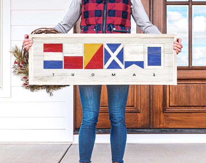 Custom Family Name Sign with Nautical Flags Alphabet, Personalized Lightweight Canvas Ready to Hang, Christmas Gift for Nautical Lover {nfw}
