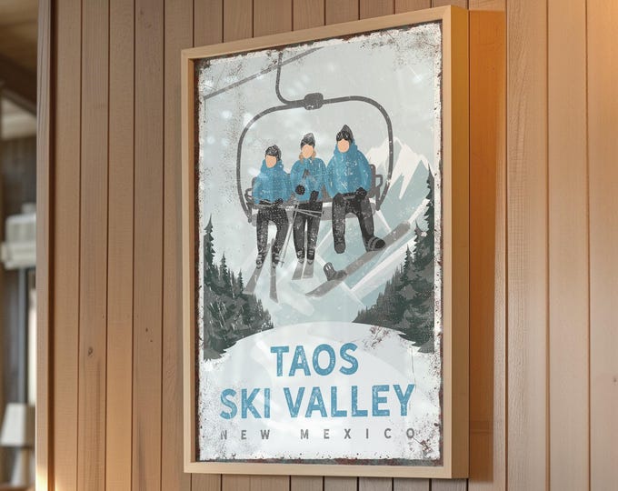 Ski Lift Art, Family of 3 Winter Ski Poster, Custom Ski Lodge Wall Decor, Personalized Chairlift Gift, Taos Ski Valley New Mexico, Cerulean