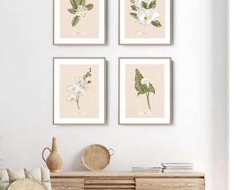 Neutral Tropical Wall Art Set - White Botanical Flowers, Ready to Hang