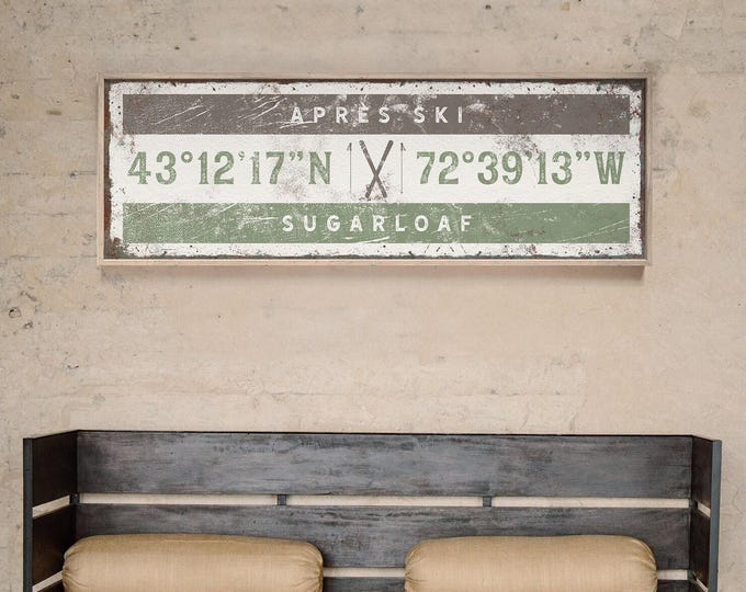 Vintage Apres Ski Sign: Personalized GPS Coordinates, Brown & Green