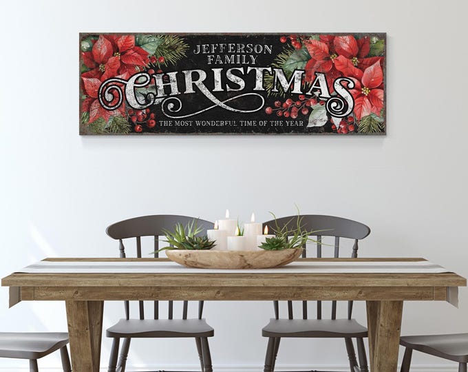 Holiday Wall Art, Personalized Family Christmas Name Sign on Black with Red Poinsettias, Holly
