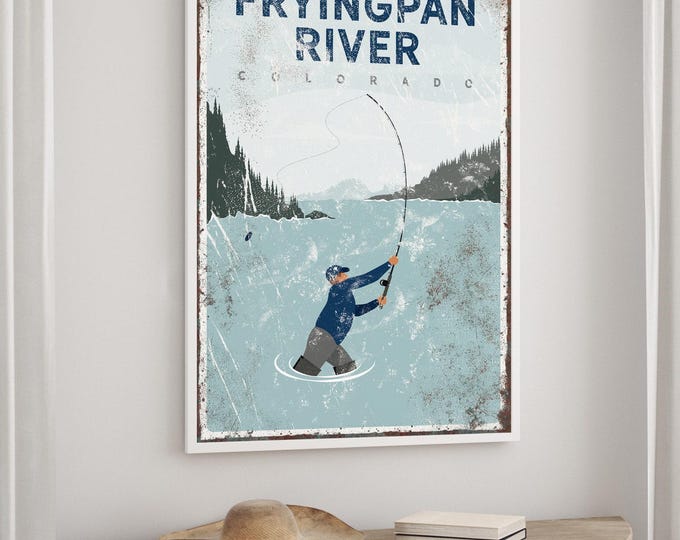Fly Fishing Sign, Custom River Name Wall Art, Vintage Fishing Lodge Decor Gift