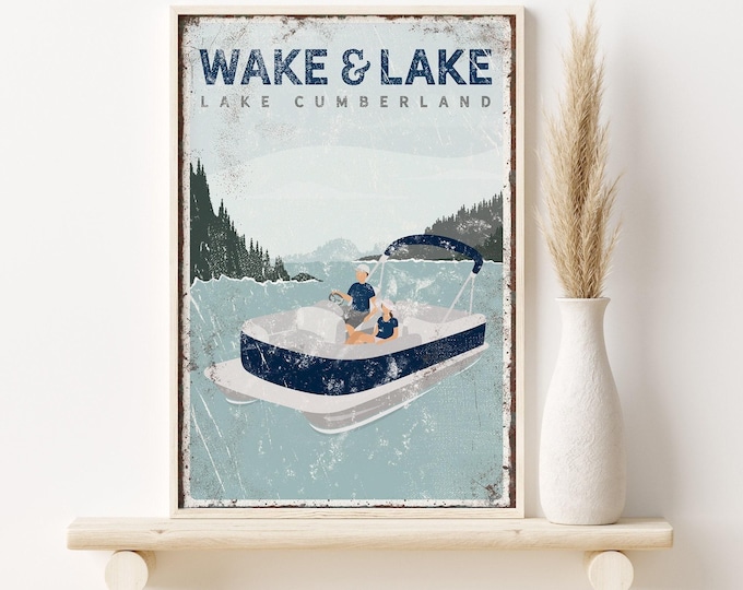Personalized Pontoon Boat Poster, Retro Wake Lake Sign, Rustic Lake Wall Art, Custom Couples Gift, Vintage Canvas Print, Wood Frame {VPL}