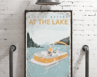 Pontoon Boat Lake Wall Art - Personalized Vintage Style Sign