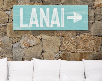 Lanai Direction Sign, Aqua Blue Wood Arrow (Customizable Colors)