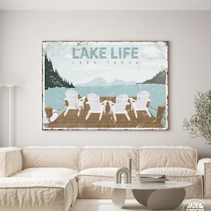 Vintage Lake Life Sign, Custom Lake House Wall Art, Distressed Canvas Print, Adirondack Chairs Decor, Relaxed Style Gift {VPL}