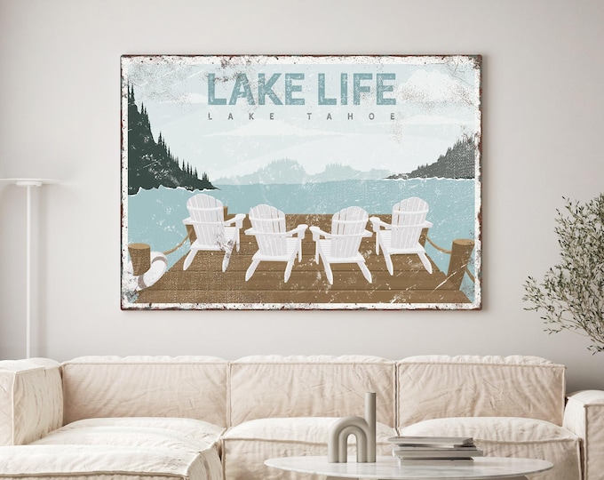 Vintage LAKE LIFE Sign, 4 White Adirondack Chairs, Custom Lake House Decor, Retro Lake Wall Art, Lake Tahoe Decor, Airbnb Decor {VPL}