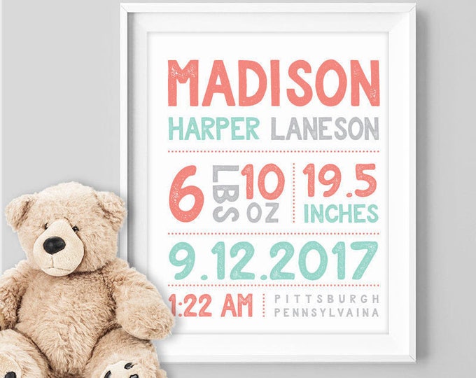 birth stats sign / personalized nursery poster / custom wall art print / CORAL MINT GRAY nursery girl ▷ Paper, Canvas {or} Printable