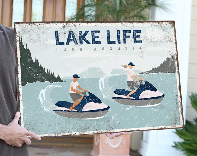 Couple On Jetskis, Lake Life Lake Augusta Sign, Personalized Lake House Decor Gift