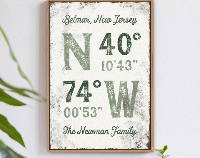 Coordinates Sign: Custom Last Name Art Print (Sage Green, Farmhouse Style)
