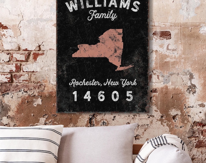 Custom New York family name gift, state silhouette wall art with city and zip