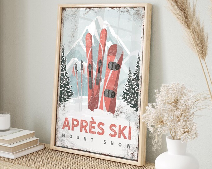 Vintage Apres Ski Poster - Mount Snow Vermont Rustic Wall Art