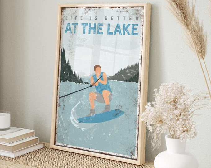 Lake House Decor, Wakeboard Gift, Personalized Decor, Vintage Metal Sign, Cerulean Blue Lake Art, Unique Gift for Him or Family {vpl}