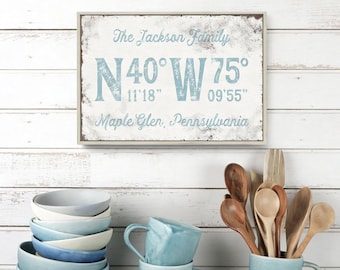Modern Farmhouse, Family Name Sign, Latitude Longitude, Personalized Coordinates Canvas, Custom GPS Print, Wall Art Gift