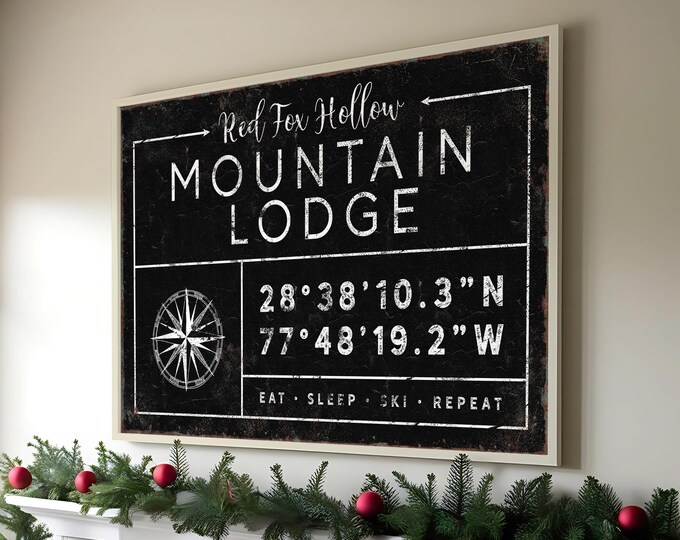 Ski Lodge Wall Sign, Rustic Vintage Style (Custom Family Name & Coordinates)