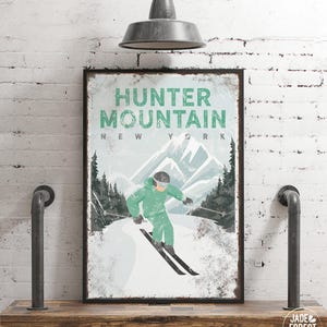 vintage HUNTER MOUNTAIN SKI sign canvas, mint green skiing poster for ski house decor, personalized ski wall art (custom ski mountain) {vpw}