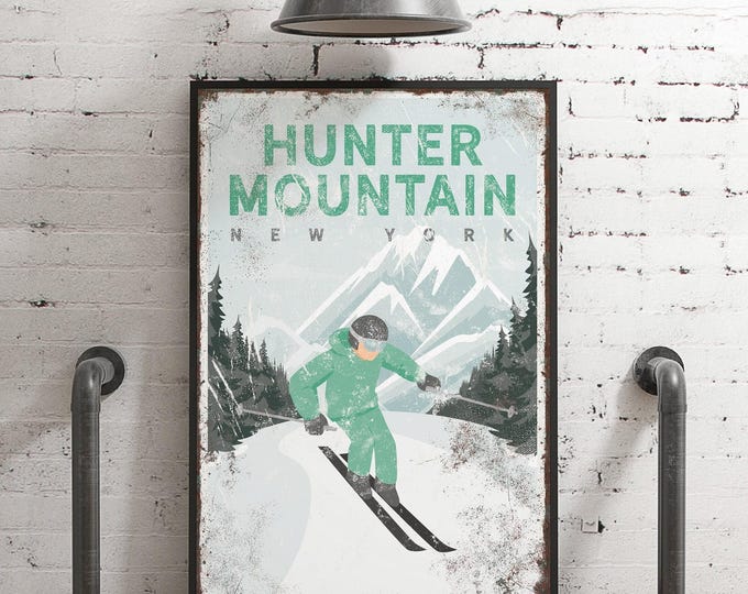 vintage HUNTER MOUNTAIN SKI sign canvas, mint green skiing poster for ski house decor, personalized ski wall art (custom ski mountain) {vpw}