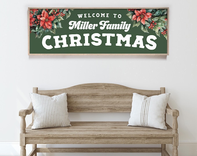 Holiday Family Sign, Custom Name, Green Poinsettia and Holly (Canvas or Print)