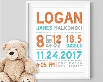 Birth Stats Nursery Sign: Custom Baby Name Art - Printable or Canvas