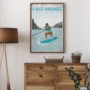 blaugrünes LAKE HAVASU Poster, personalisiertes Retro Wakeboarden Kunst, Natur Geschenk für sie, Vintage Wakeboard Zeichen, Bauernhaus See Kunst {vpl}