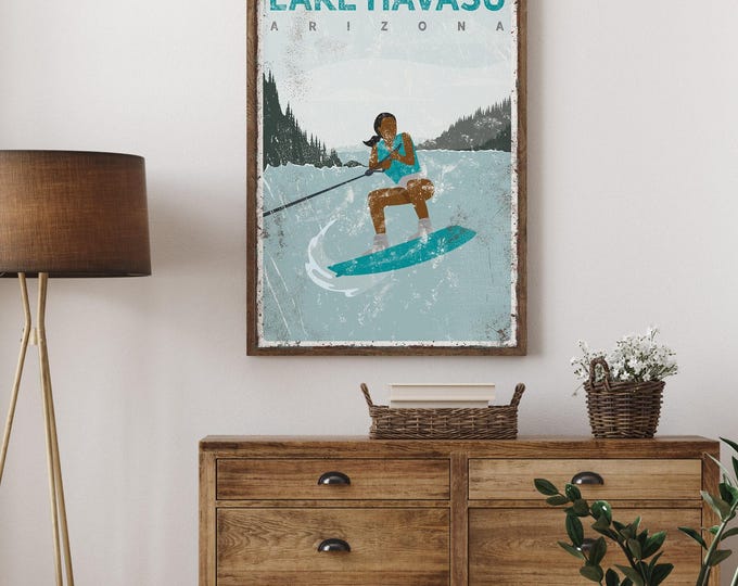 teal LAKE HAVASU poster, personalized retro wake boarding art, outdoorsy gift for her, vintage wakeboard sign, farmhouse lake art {vpl}