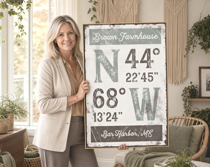 Brown Farmhouse Coordinates Sign, Personalized GPS Town Print, Custom Family Wall Art