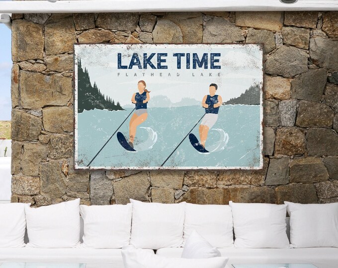 Lake House Canvas Sign, Couple Waterskiing, Vintage Style (Custom Text)